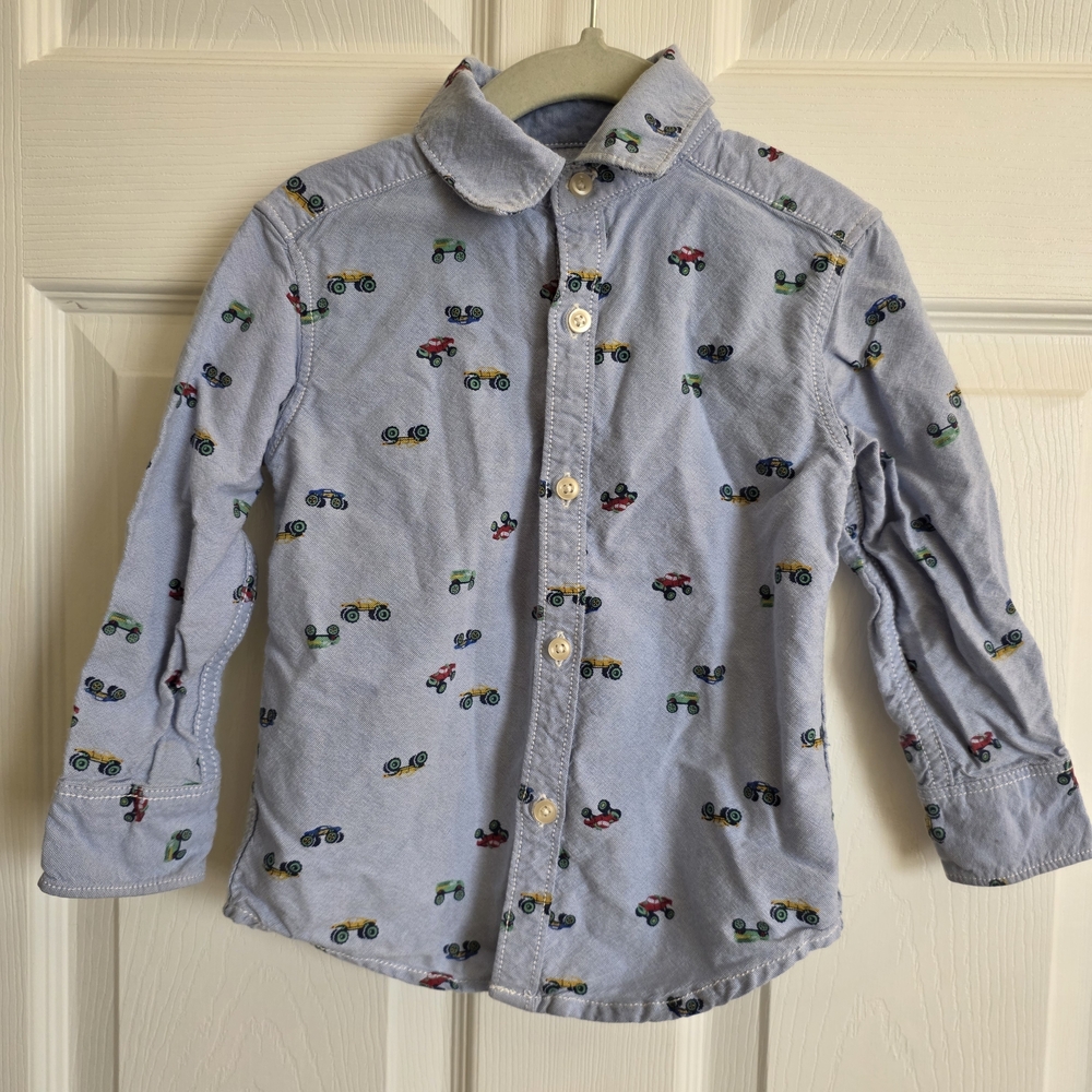 Carter's Light Denim Blue Button-Down Shirt with Tiny Monster Truck Print
